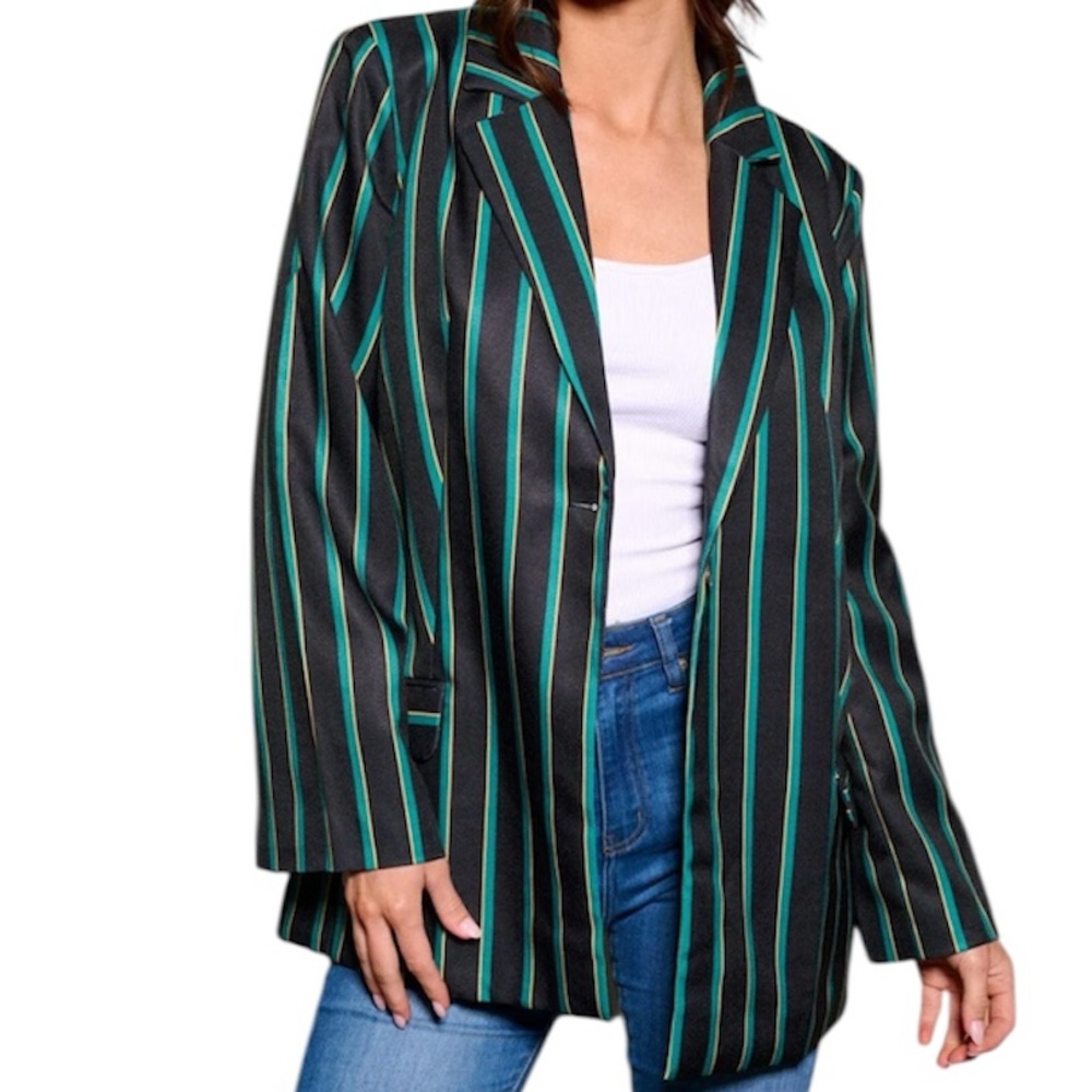 Striped Black and Green Women's Blazer - Picture 2 of 3